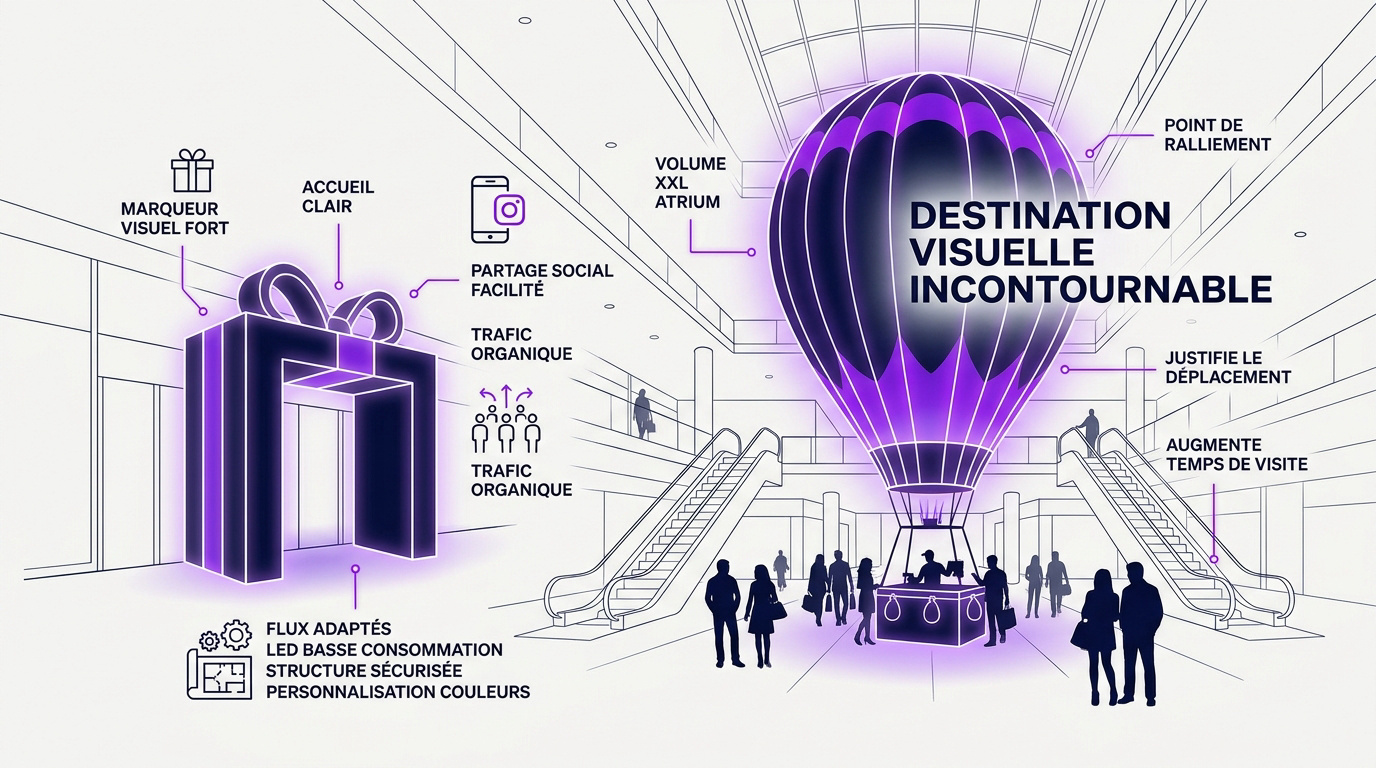 Infographie présentant l'impact visuel des arches lumineuses et décors d'atrium en centre commercial