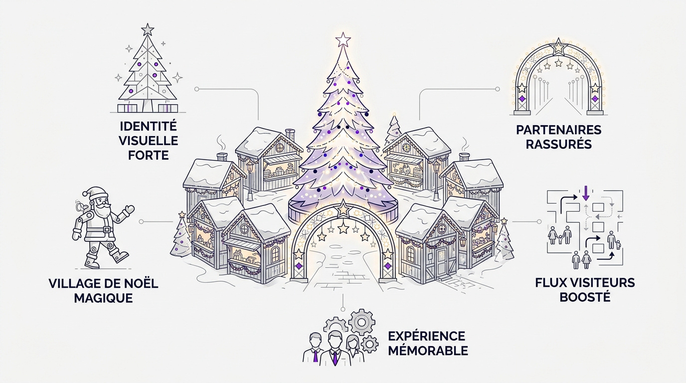 Décoration professionnelle pour village de Noël avec sapins XXL et illuminations